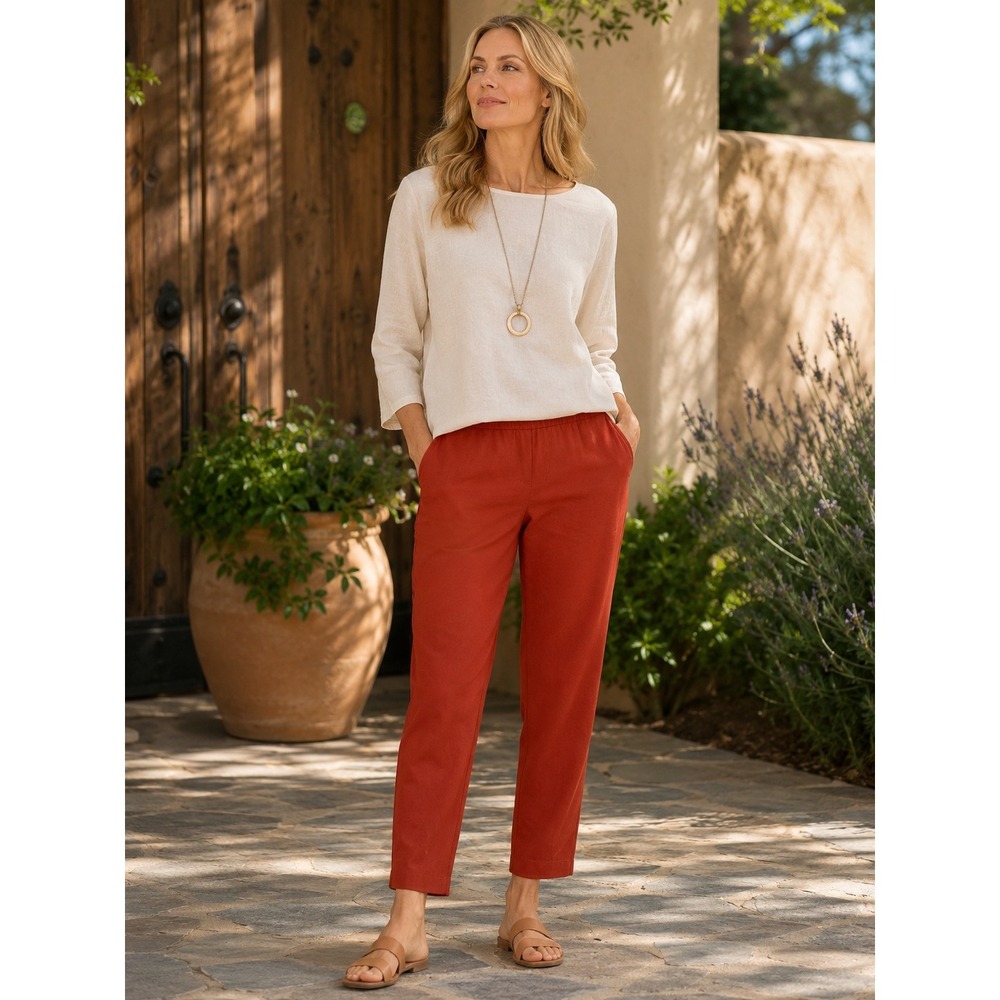 Eileen Fisher Pants Women M Rust Orange Stretch Cotton Side Zip Ankle
